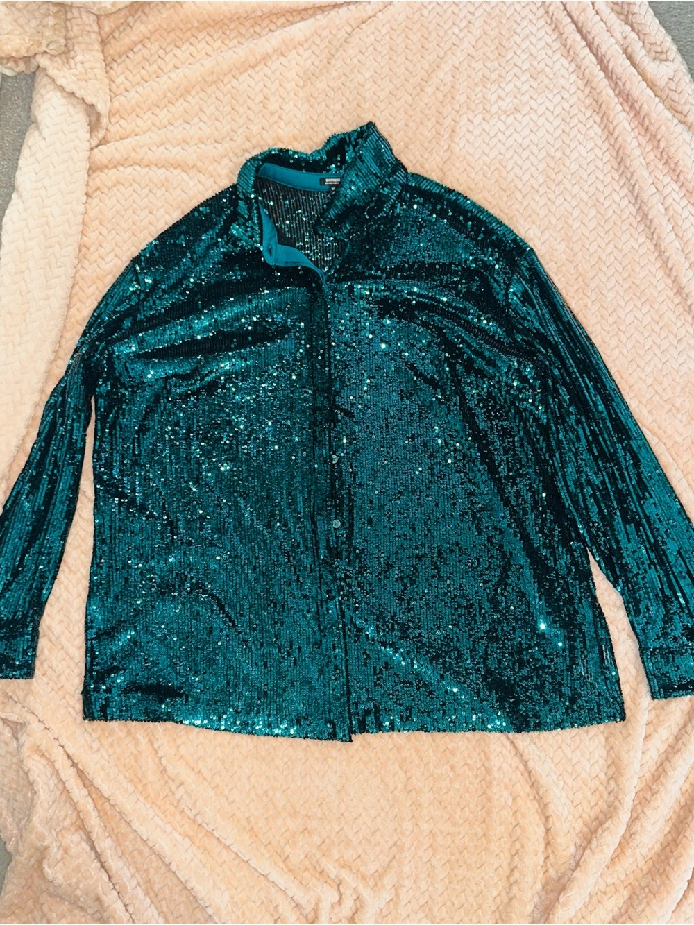 Express Sequin Button-Front Shirt in Teal Green